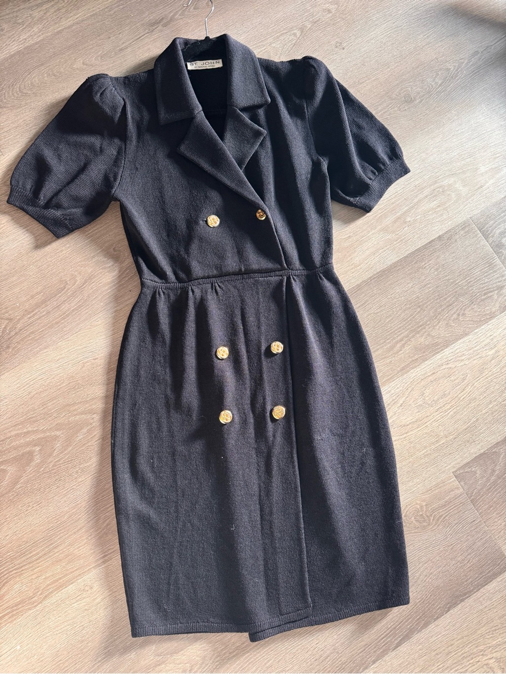 Vintage St John gold button black work dress medium
